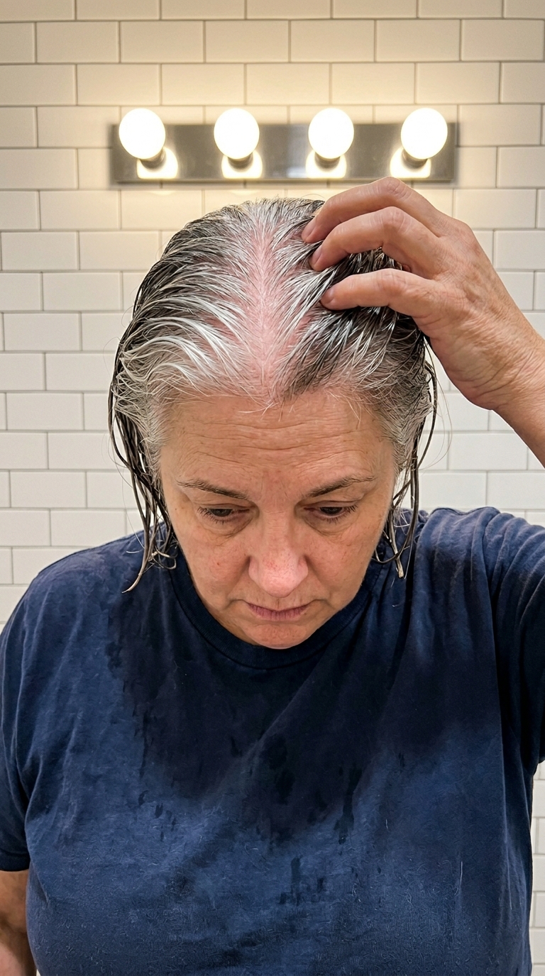 Woman examining hair loss on scalp